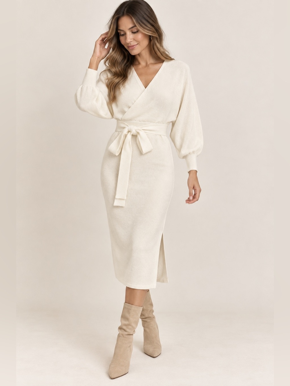 Petal & Pup Ivory Wrap Midi Dress with Tie Waist us 6